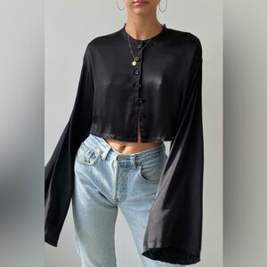 New Commense Women’s Cropped Satin Button Down Blouse Top Flare Sleeve Bell Soft